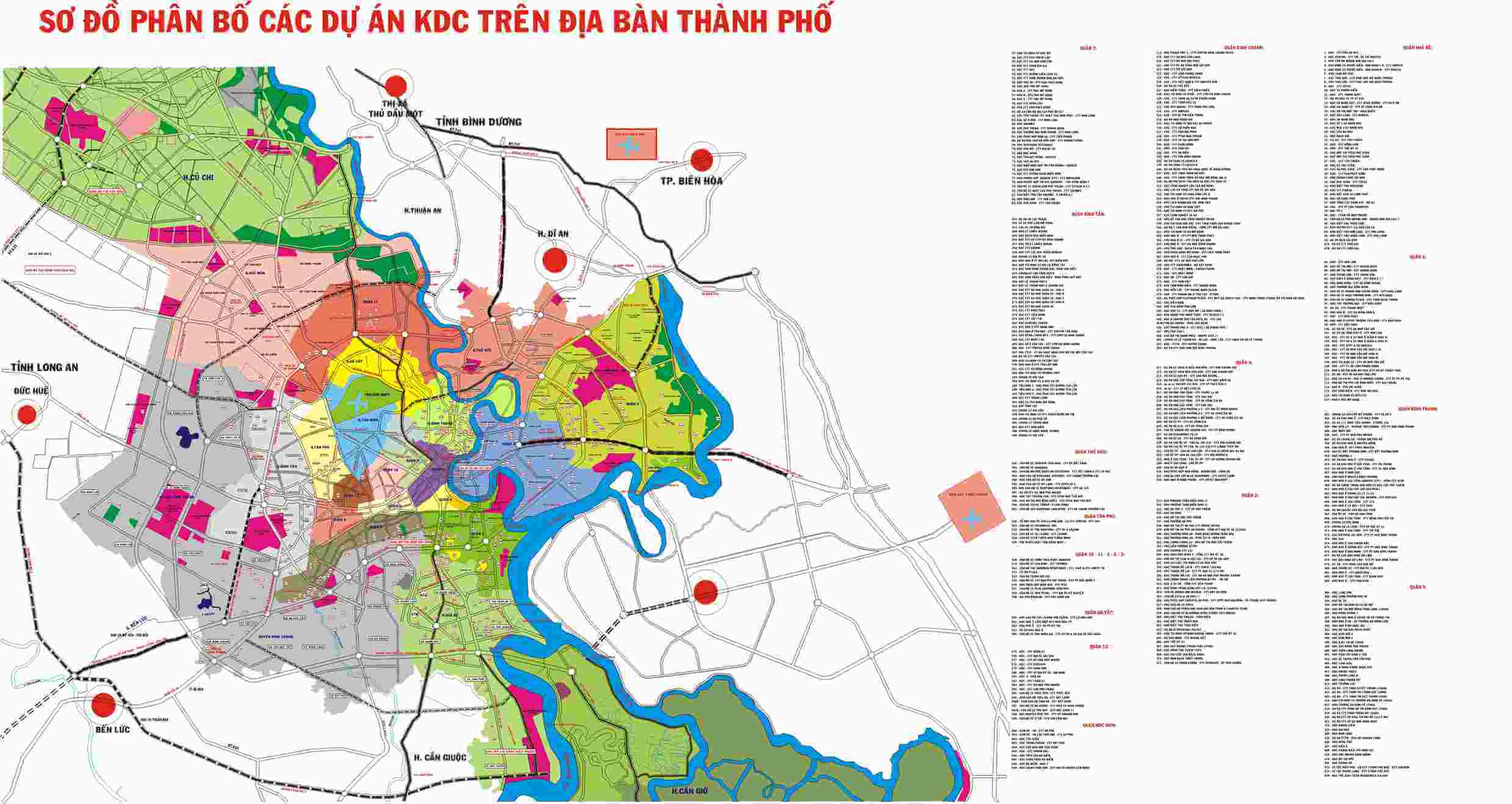 bản đồ quy hoạch phân bổ các dự án KDC trong địa bàn thành phố